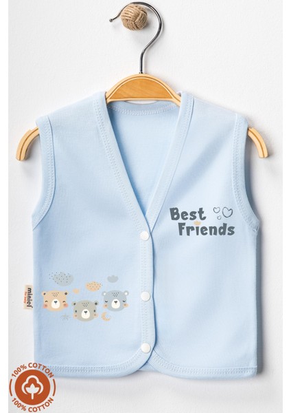 Unisex Bebek Friends Ayıcık Baskılı Organik Pamuklu 3-6-9 Ay 2li Penye Bebek Yelek Set