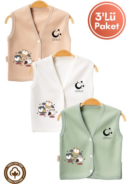 Unisex Bebek Baykuş Baskılı Organik Pamuklu 3-6-9 Ay 3lü Penye Bebek Yelek Set