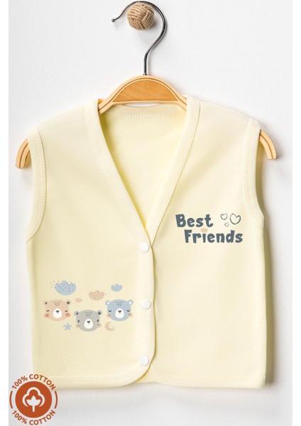 Unisex Bebek Friends Ayıcık Baskılı Organik Pamuklu 3-6-9 Ay 2li Penye Bebek Yelek Set