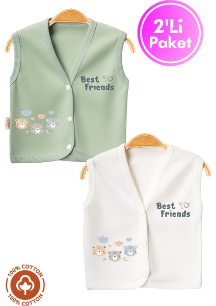 Unisex Bebek Friends Ayıcık Baskılı Organik Pamuklu 3-6-9 Ay 2li Penye Bebek Yelek Set