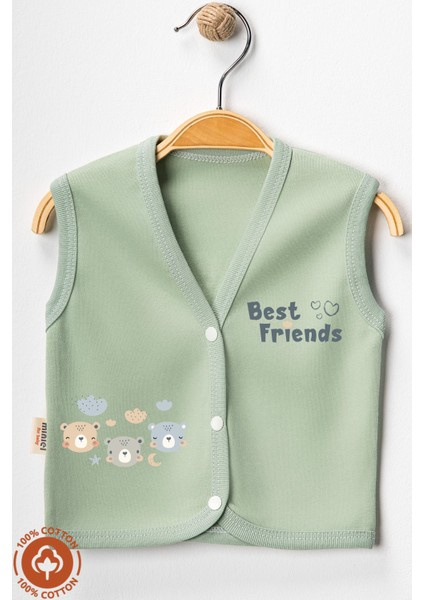 Unisex Bebek Friends Ayıcık Baskılı Organik Pamuklu 3-6-9 Ay 2li Penye Bebek Yelek Set