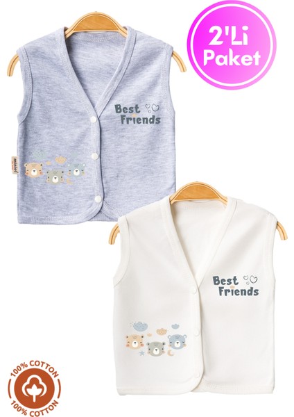 Unisex Bebek Friends Ayıcık Baskılı Organik Pamuklu 3-6-9 Ay 2li Penye Bebek Yelek Set