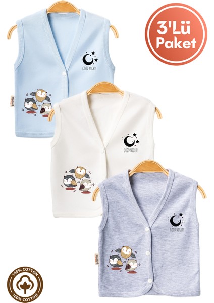 Unisex Bebek Baykuş Baskılı Organik Pamuklu 3-6-9 Ay 3lü Penye Bebek Yelek Set