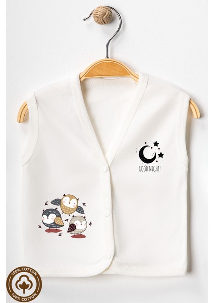 Unisex Bebek Baykuş Baskılı Organik Pamuklu 3-6-9 Ay 3lü Penye Bebek Yelek Set