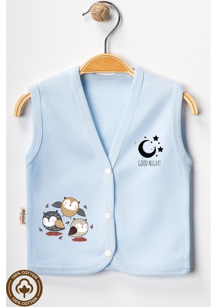 Unisex Bebek Baykuş Baskılı Organik Pamuklu 3-6-9 Ay 3lü Penye Bebek Yelek Set