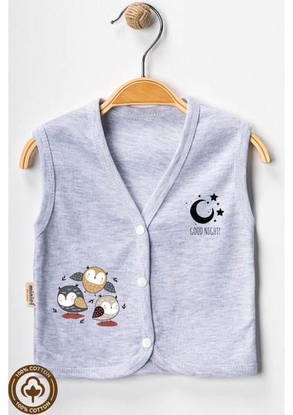Unisex Bebek Baykuş Baskılı Organik Pamuklu 3-6-9 Ay 3lü Penye Bebek Yelek Set