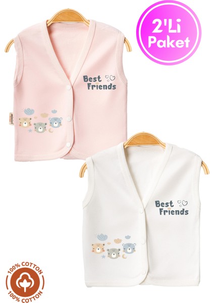 Unisex Bebek Friends Ayıcık Baskılı Organik Pamuklu 3-6-9 Ay 2li Penye Bebek Yelek Set