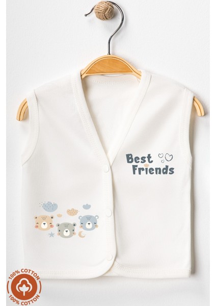 Unisex Bebek Friends Ayıcık Baskılı Organik Pamuklu 3-6-9 Ay 2li Penye Bebek Yelek Set