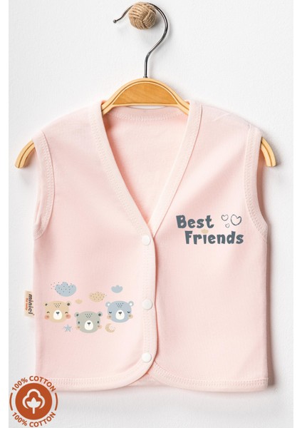 Unisex Bebek Friends Ayıcık Baskılı Organik Pamuklu 3-6-9 Ay 2li Penye Bebek Yelek Set