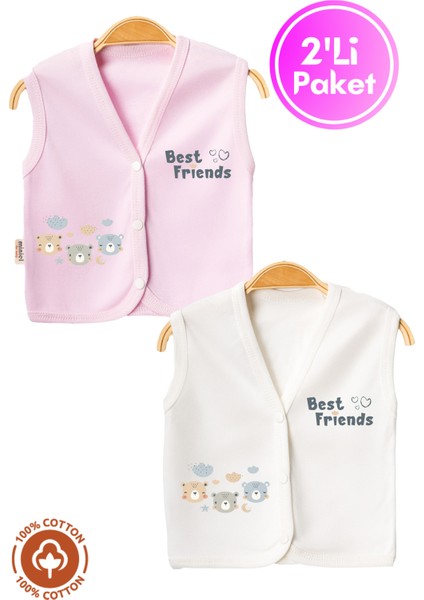 Unisex Bebek Friends Ayıcık Baskılı Organik Pamuklu 3-6-9 Ay 2li Penye Bebek Yelek Set