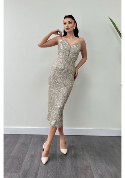 Tül Pul Payet Kumaş Sırt Detaylı Kalem Elbise - Gold fiyatları