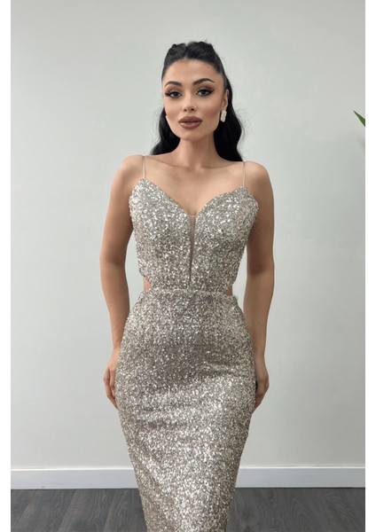 Tül Pul Payet Kumaş Sırt Detaylı Kalem Elbise - Gold modelleri