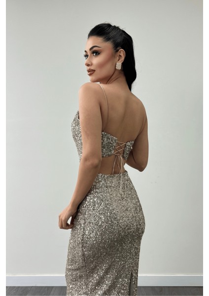 Tül Pul Payet Kumaş Sırt Detaylı Kalem Elbise - Gold fırsatları