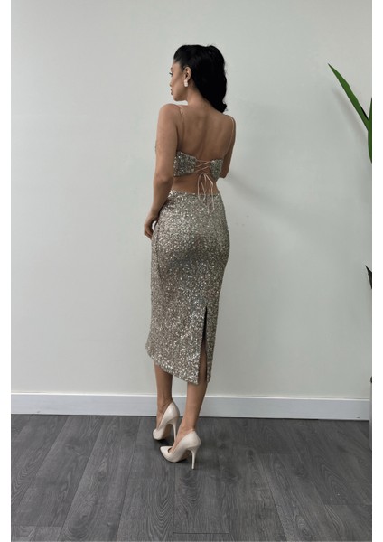 Tül Pul Payet Kumaş Sırt Detaylı Kalem Elbise - Gold indirimleri