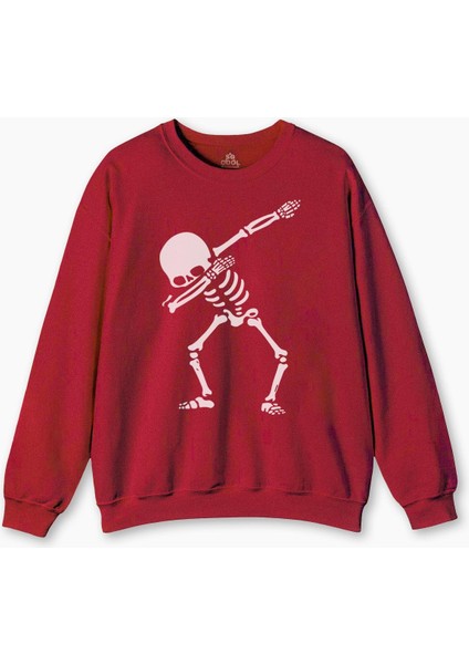 Unisex Kırmızı Sweatshirt Iskelet Dansı Dabbing Skeleton Skull Kuru Kafa Baskılı Sweat