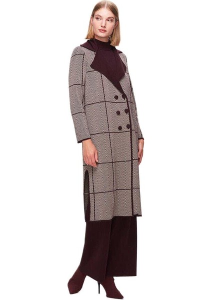 Bordo Zigzag Desenli Uzun Hırka T25K-9001