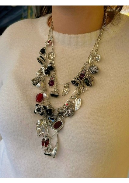 3'lü Çoklu Charmlı Silver Çelik Kolye Seti