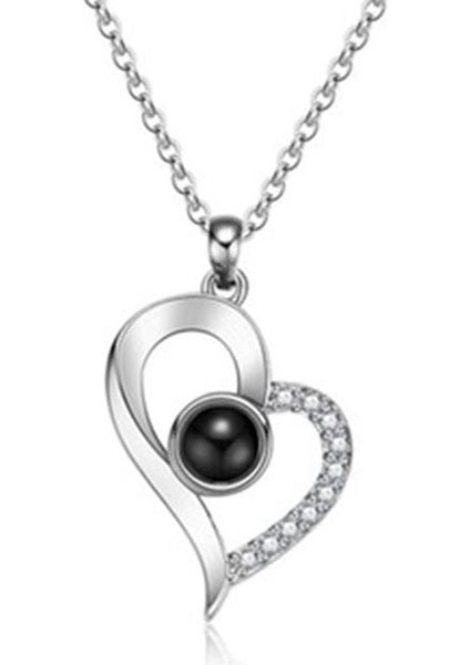 100 Dilde Seni Seviyorum Yazılı Taşlı Kalp Kolye (Silver Renk)