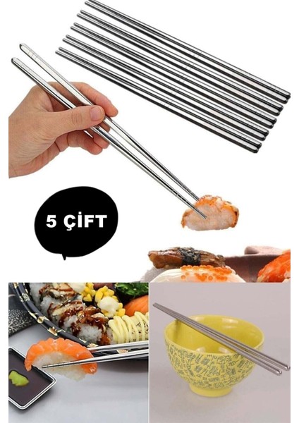 Metal Chopstick 5 Çift Paslanmaz Çelik Çin Çubuğu Yemek Çubukları 5 Çift