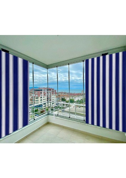 Balkon Perdesi Brandası Mavi Kalın Çizgili 800 x 250