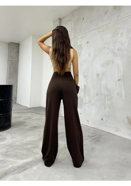 Kadın Kahve Likralı Palazzo Salaş Geniş Paça modelleri
