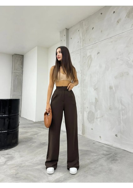 Kadın Kahve Likralı Palazzo Salaş Geniş Paça fırsatları