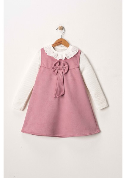 Kız Çocuk Fiyonk Detaylı Ikili Süet Elbise