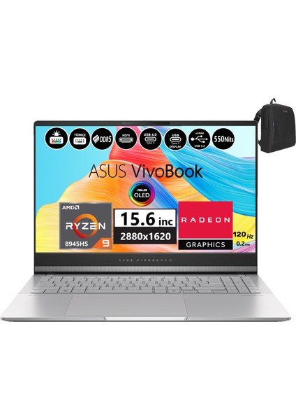 Vivobook S 15 WM5506UA-MA043 Amd Ryzen 9 8945HS 32GB 1tb SSD WINDOWS11HOME 15.6" 3k OLED 550NITS 0.2ms Taşınabilir Bilgisayar WMA04308+ZETTAÇANTA