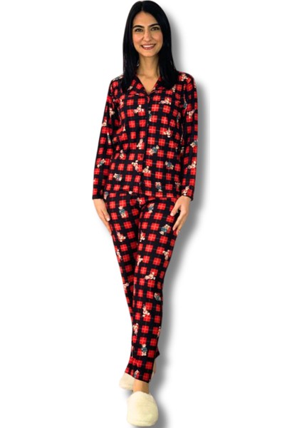 Kadın Teddy Bear Ayıcık Desenli Süet Düğmeli Ekose Pijama Takımı (Siyah)