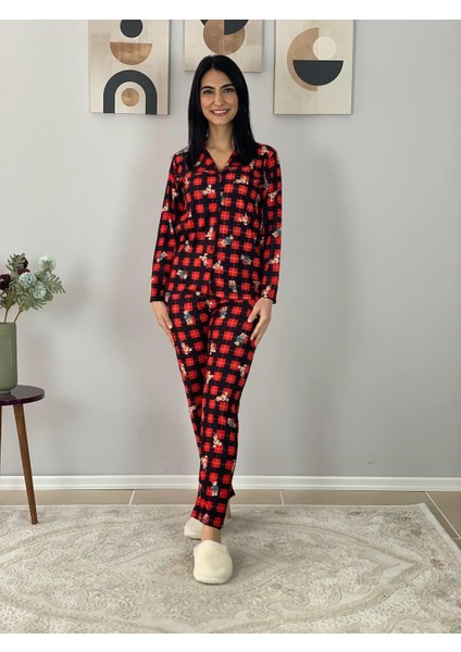 Kadın Teddy Bear Ayıcık Desenli Süet Düğmeli Ekose Pijama Takımı (Siyah)