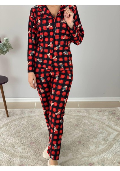 Kadın Teddy Bear Ayıcık Desenli Süet Düğmeli Ekose Pijama Takımı (Siyah)