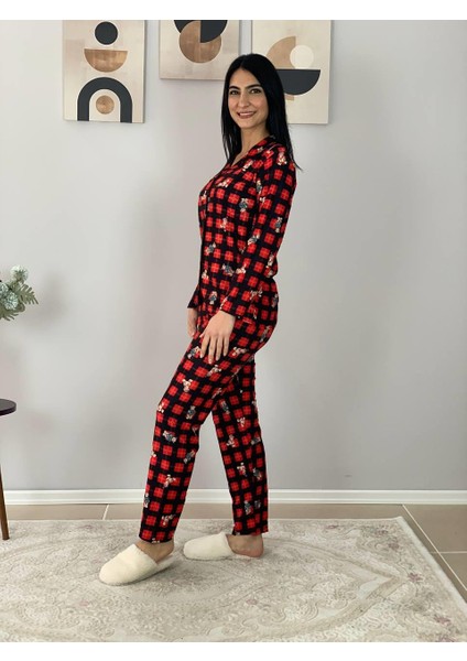 Kadın Teddy Bear Ayıcık Desenli Süet Düğmeli Ekose Pijama Takımı (Siyah)