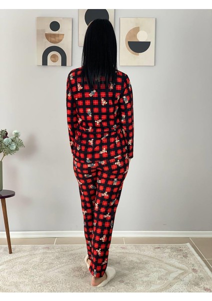 Kadın Teddy Bear Ayıcık Desenli Süet Düğmeli Ekose Pijama Takımı (Siyah)
