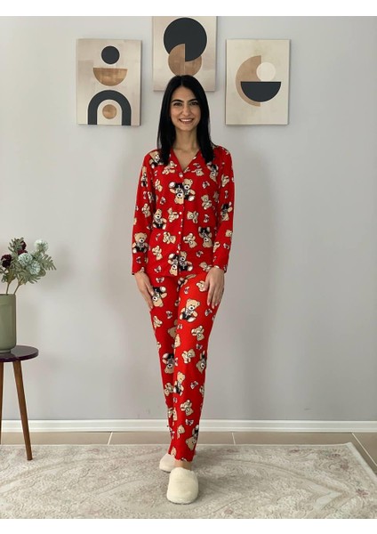 Kadın Teddy Bear Ayıcık Desenli Süet Düğmeli Pijama Takımı (Kırmızı)