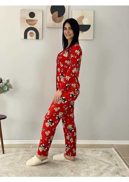 Kadın Teddy Bear Ayıcık Desenli Süet Düğmeli Pijama Takımı (Kırmızı)