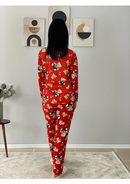 Kadın Teddy Bear Ayıcık Desenli Süet Düğmeli Pijama Takımı (Kırmızı)