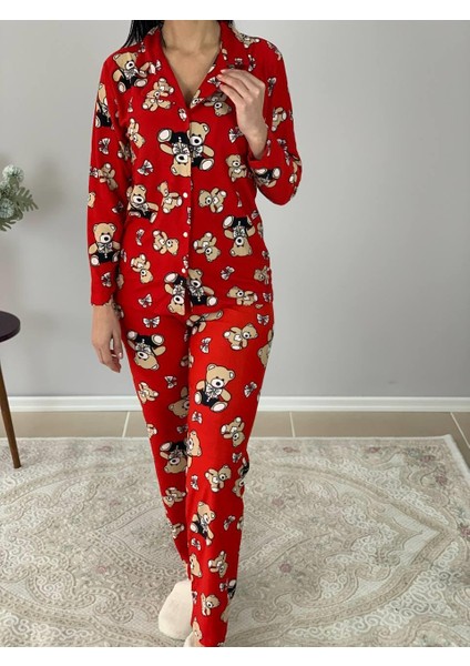 Kadın Teddy Bear Ayıcık Desenli Süet Düğmeli Pijama Takımı (Kırmızı)