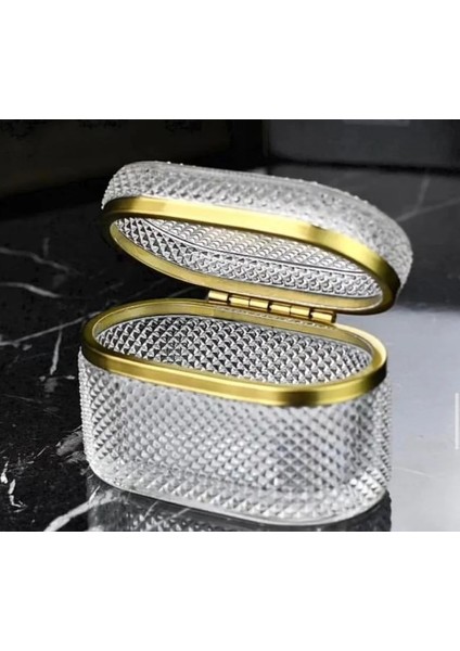 Kristal Cam Işlemeli Gold Detaylı Kapaklı Mücevher Takı Kutusu