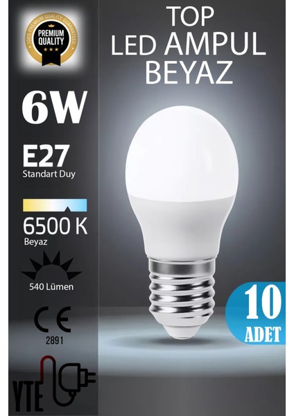 10 Adet Kaliteli Beyaz 6W Top LED Ampul E27 Duy