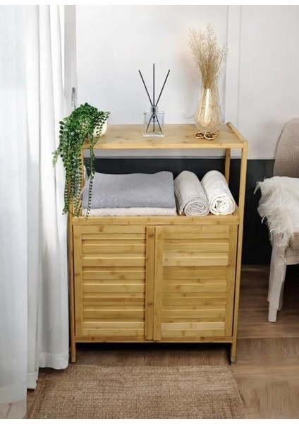Bambu Çift Kapaklı 2 Raflı Çok Amaçlı Düzenleyici Organizer Banyo Dolabı