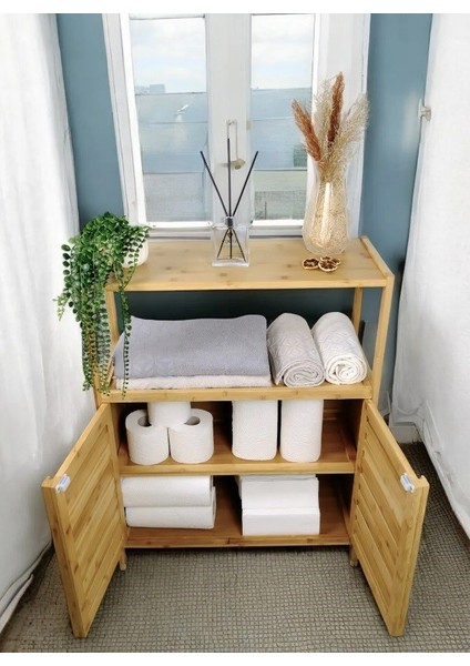 Bambu Çift Kapaklı 2 Raflı Çok Amaçlı Düzenleyici Organizer Banyo Dolabı modelleri