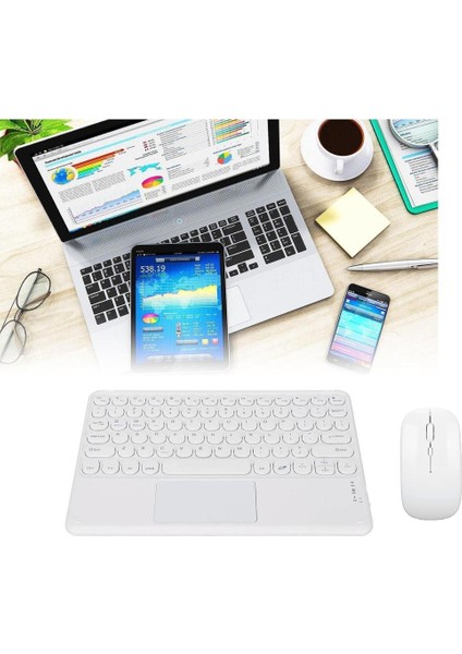 Apple iPad Air 13" (2024) Wi-Fi Uyumlu Kablosuz Bluetooth Şarjlı Touchpad'li Klavye Mouse Seti - Beyaz