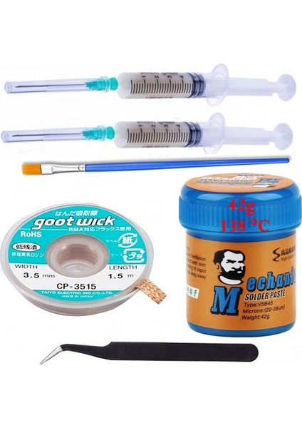 Goot Wick Solder Paste Mechanic 138 Derece Krem Lehim 42 gr Sıvı Lehim ve Flux Lehim Toplama Fırça Seti 3,5 mm Eğik Set2 6in1 Arada