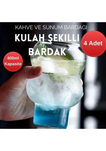 Elite Çeyiz Avm 4 Adet  Külah Model 400ML. Isıya Dayanıklı Borosilikat Külah Dalgalı Stil Cam Bardak | Kahve ve Sunum Bardağı