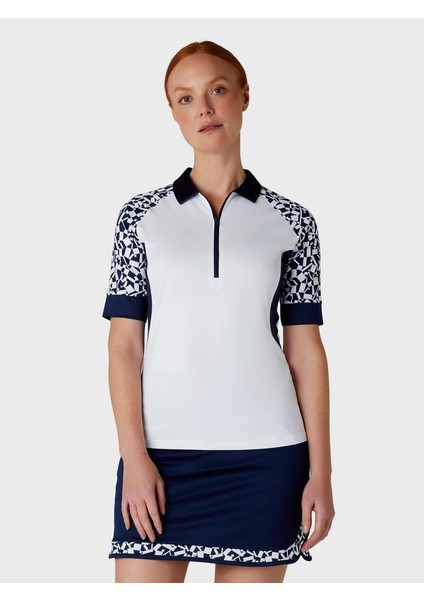 Two Tone Geo 1/2 Sleeve Zip Kadın Tshirt
