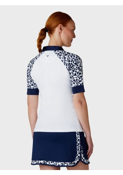 Two Tone Geo 1/2 Sleeve Zip Kadın Tshirt