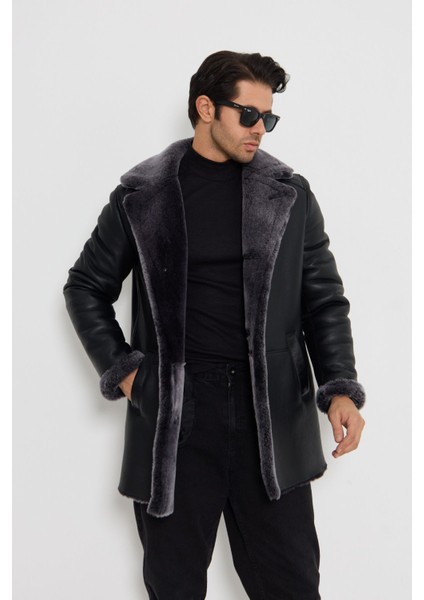 Erkek Hakiki Deri Kaban - Siyah, Gri Doğal Kürklü, Düğme Kapamalı, 80 cm - 501922 modelleri