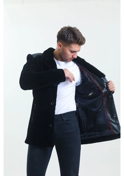 Erkek Siyah Deri Mont - Dışı Kürklü, Içi Astar Detaylı, Düğme Kapamalı, Fit Kesim, 80 cm fırsatları