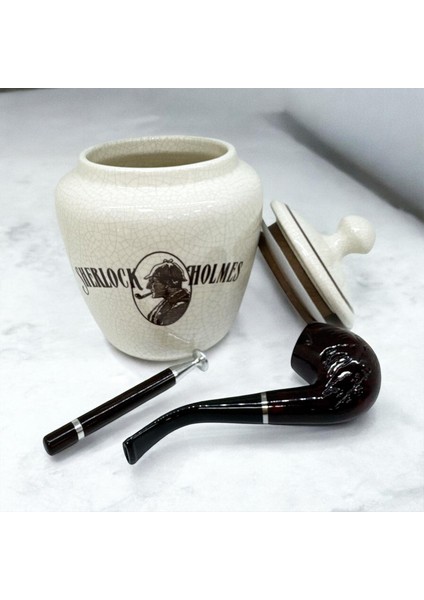Sherlock Holmes El Yapımı Seramik Pipo Tutun Kavanozu Bej Large