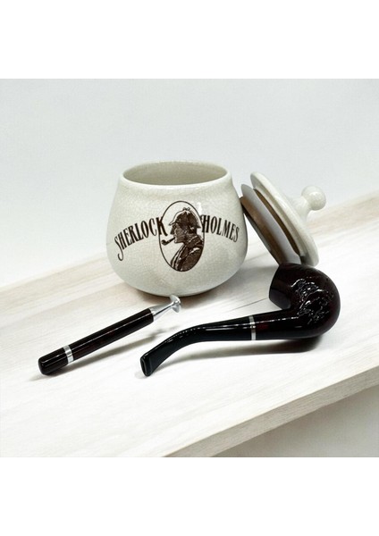 Sherlock Holmes El Yapımı Seramik Pipo Tutun Kavanozu Bej Small